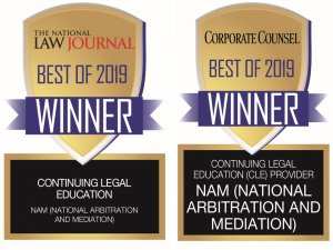 NAM Continuing Legal Education Badges, The National Law Journal Best of 2019 Winner and Corporate Counsel Best of 2019 Winner